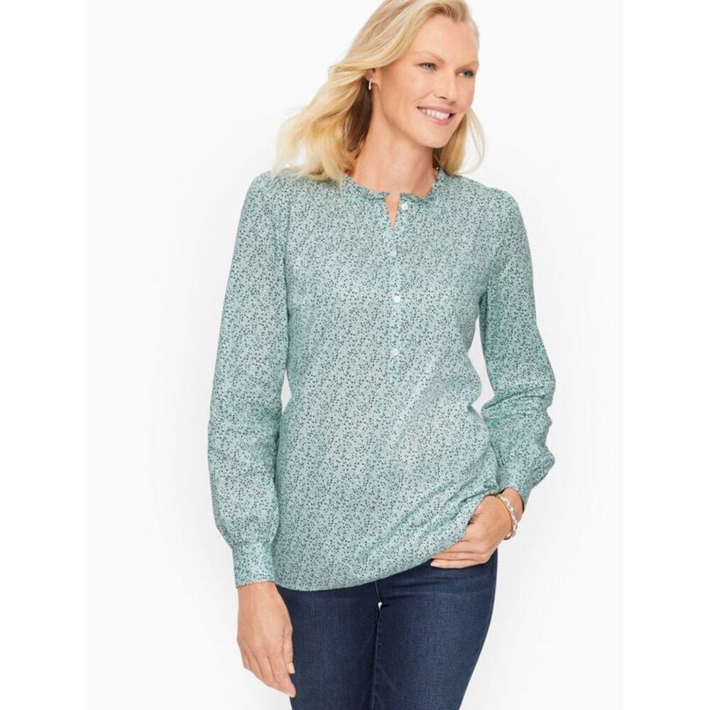 Talbots Blouse Mint Green Ditsy Floral Pintuck Ruffle Neck Popover Small Petite